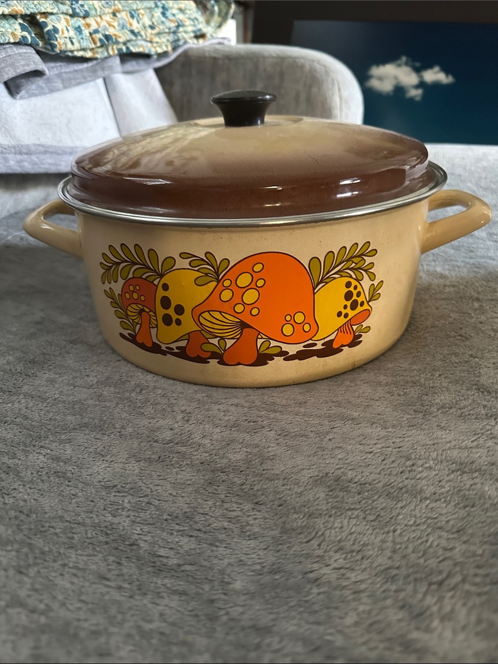 Sears Cream Enamel Casserole with Brown Lid and Orange Mushroom Motif